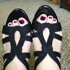 black rope wedge sandals